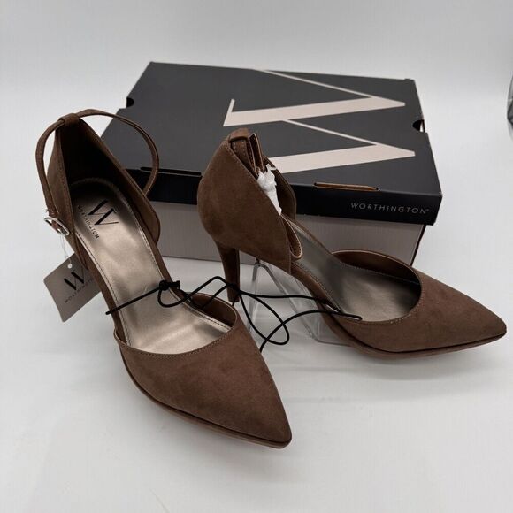 Worthington Marview Porchini Stiletto Heel 9.5 Brown Ankle Strap Pointed Toe - Picture 2 of 9